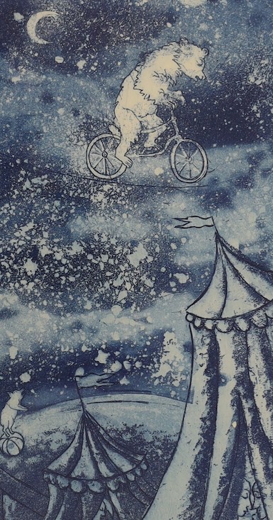 Helena Markam, artist proof print, 'Beaumont', signed in pencil, 42 x 55cm and an aquatint, 'The Lone Bear Cyclist', by Birnbaum, 23 x 13cm